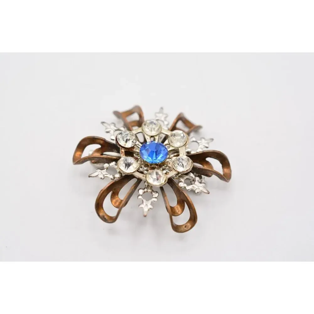 Vintage Flower Pin Brooch Brass Tone Metal Blue Rhinestone 3D Elegant 70s BinAL